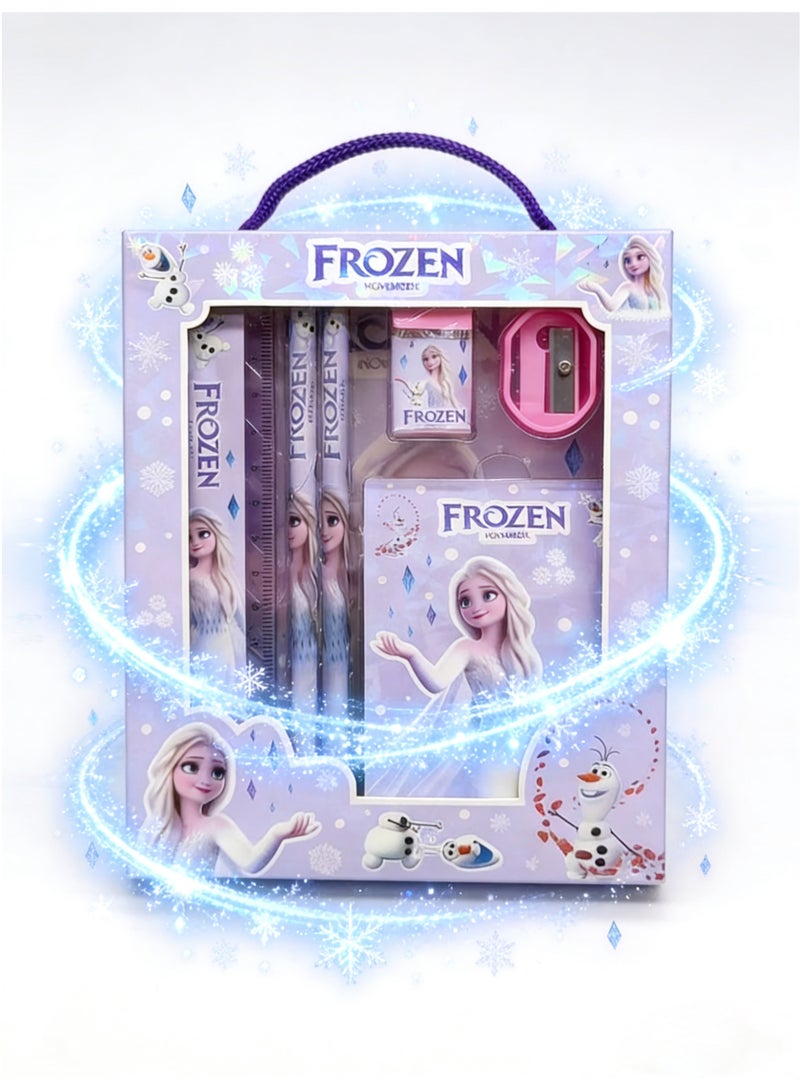 Frozen Magic Disney Frozen Elsa Stationery Gift Set, 8-Piece Kids' School Supplies Kit with Pencils, Ruler, Eraser, Sharpener & Notebook, Portable Handle Gift Box for Girls Birthday & Back to School - Image 1